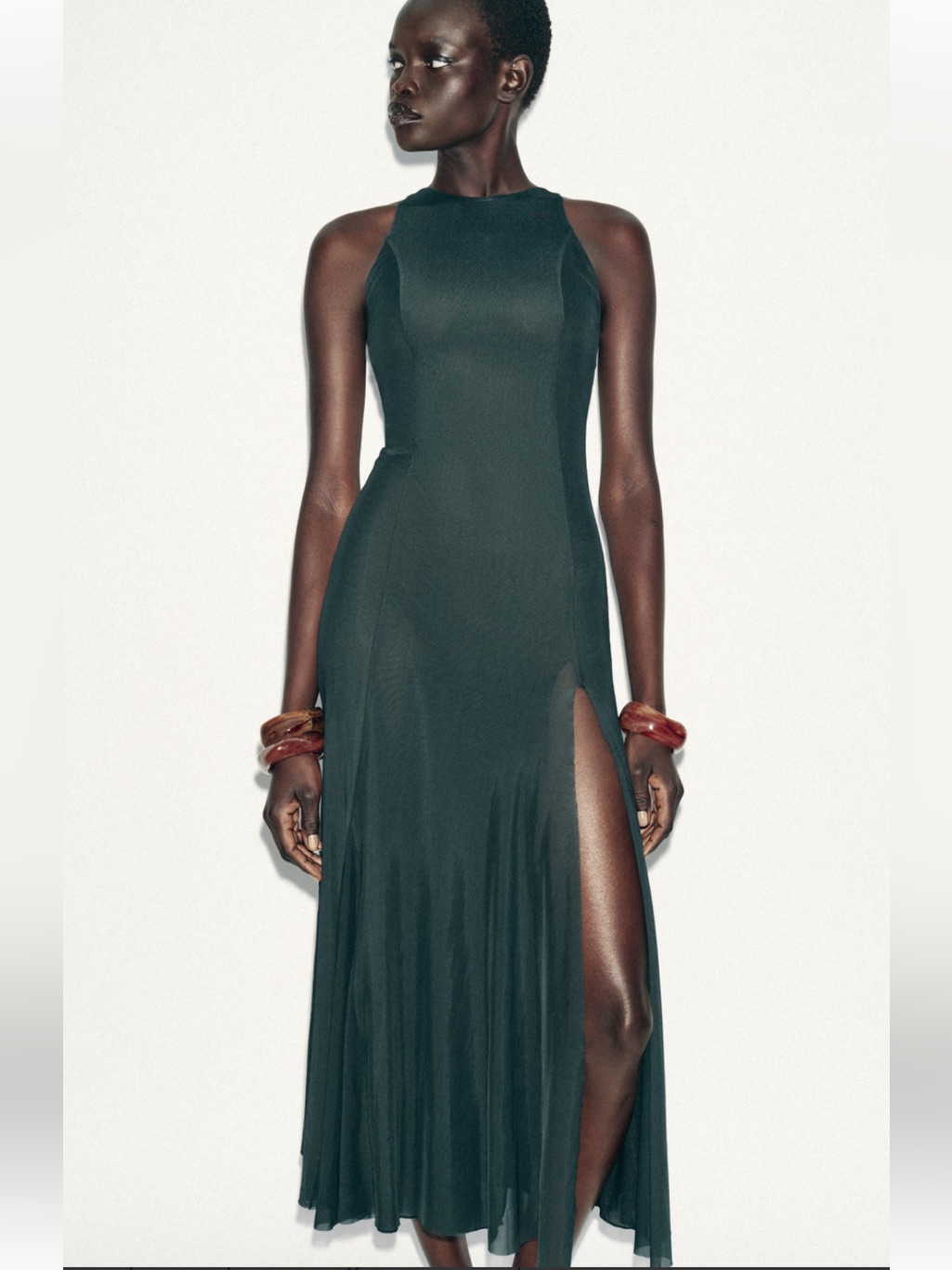 Zara Dark Green High-Neck Sleeveless Maxi Dress With Thigh Slit